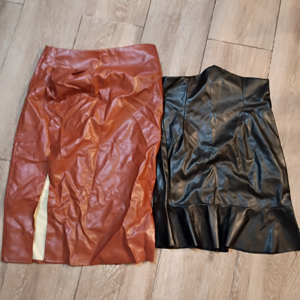 Chic Leather Pencil Skirt Set - Black and Brown